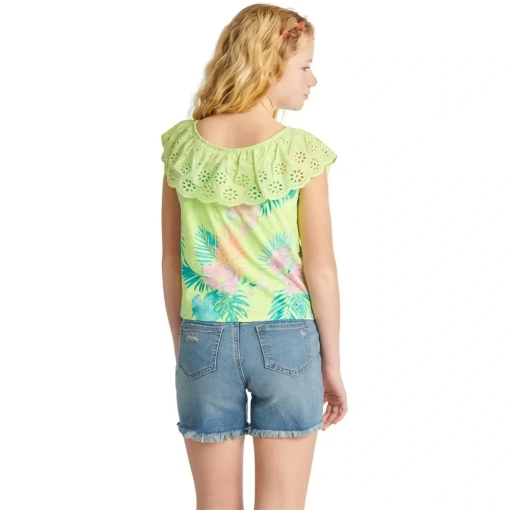Justice Girls Lime Green Tropical Print Button Front Tank Top Size S